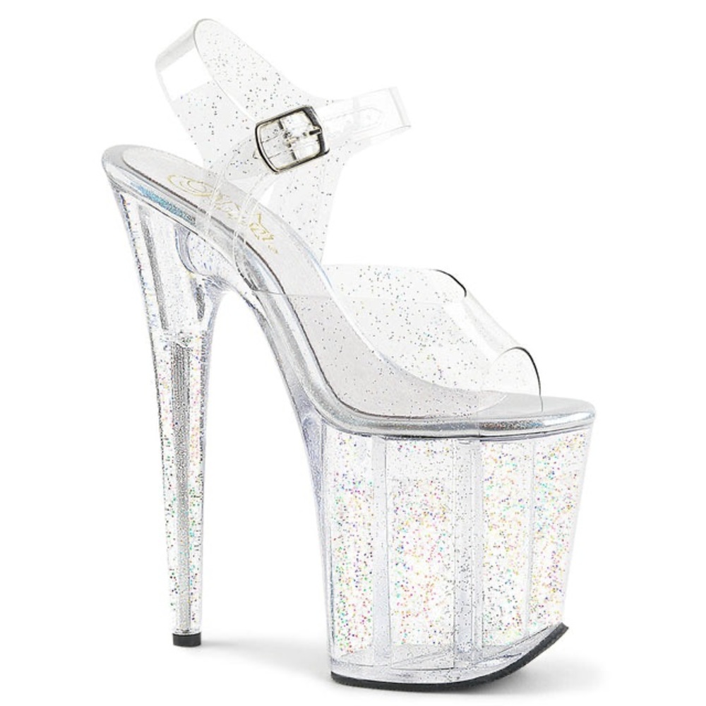 Pleaser Clear Glitter Ankle Strap Heels